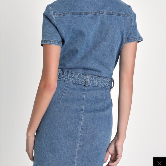 Distinct Icon Medium Wash Denim Belted Mini Dress With Pockets - Picture 3 of 3